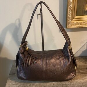 Elliott Lucca Bronze Pebbled Leather Hobo Shoulder Bag with Tassel Gold Hardware